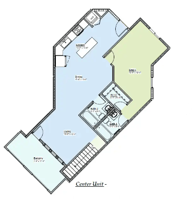 Floor plan for 1 bed, 2 baths, 954 sqft
